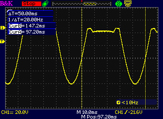 oscilloscope screen shot of what is basically a 20Hz half-wave rectified sine wave