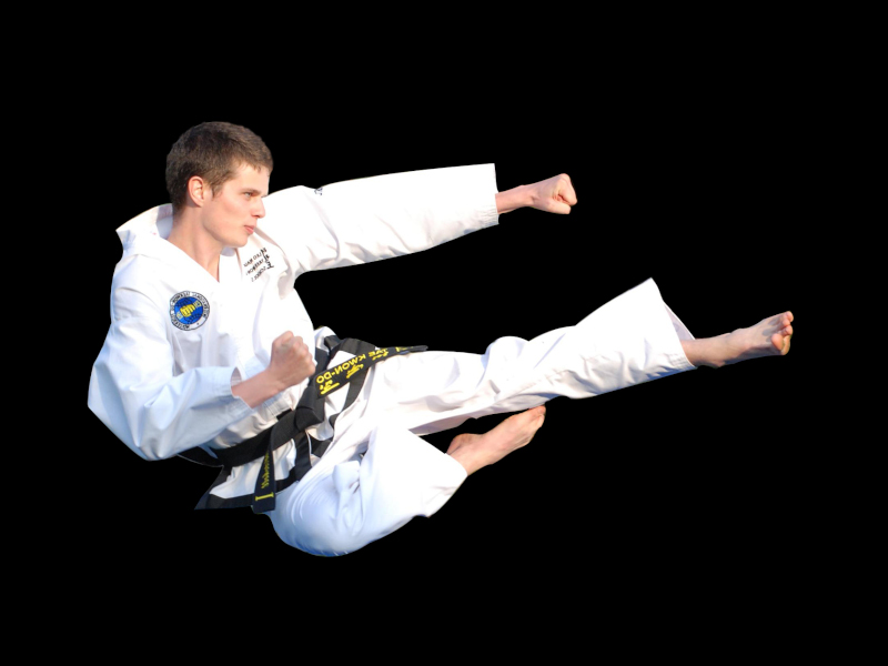 Public-domain photo of an unidentified person from Wikimedia Commons, doing a tae kwon do kick in mid-air