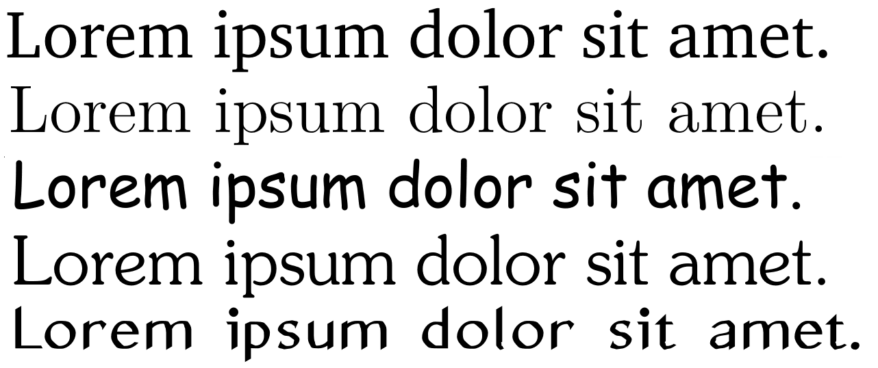 Samples of the same text in Charter, Latin Modern, Comic Sans, Souvenir, and Tsukurimashou Bokukko