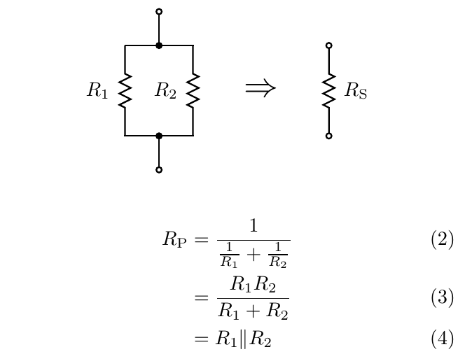 schematic and formulas for two resistors in parallel