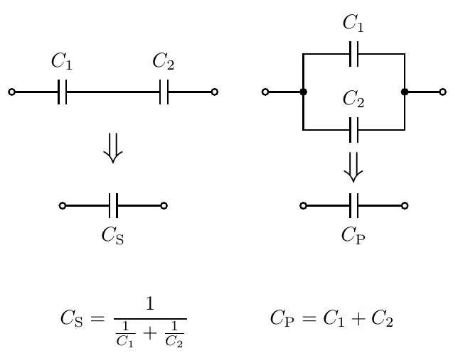 schematic and formulas for capacitances in series and parallel