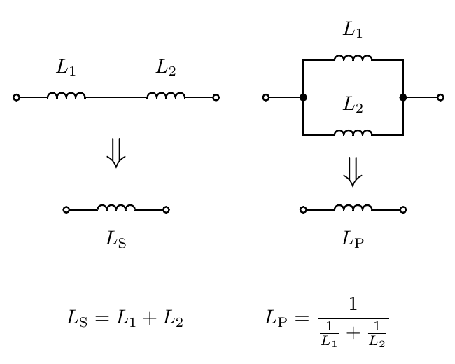 schematic and formulas for inductances in series and parallel
