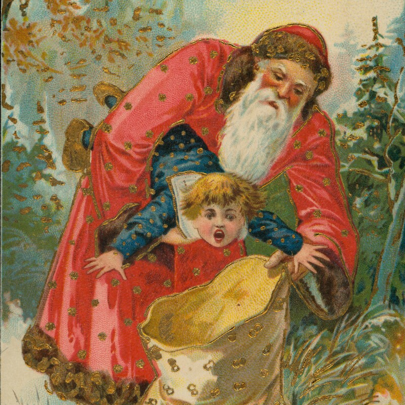 Santa Claus putting a child into a bag