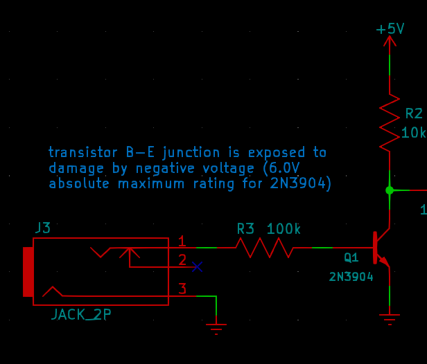 schematic of a transistor base not protected from reverse voltage