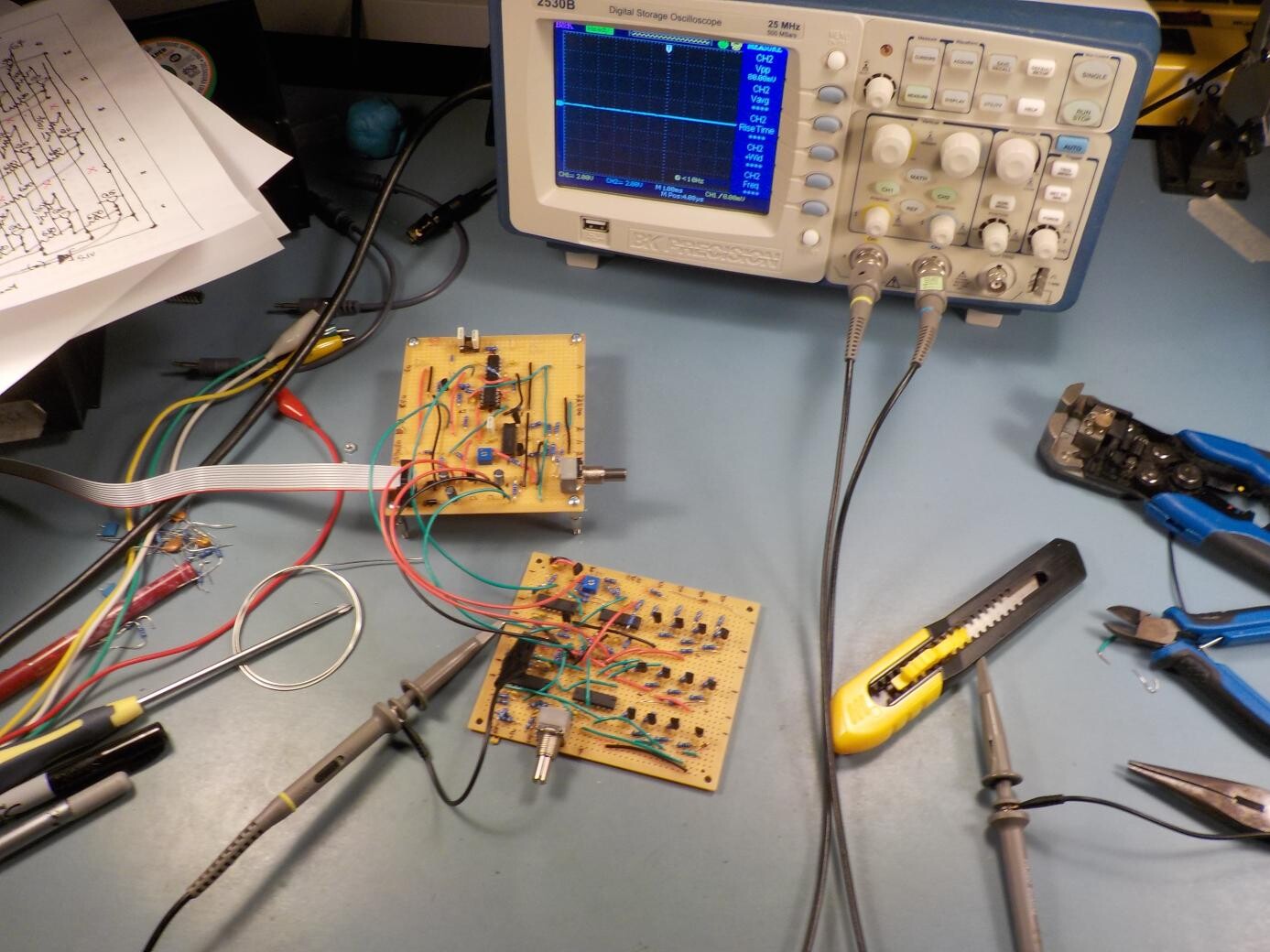 Stripboards on the bench ready to test