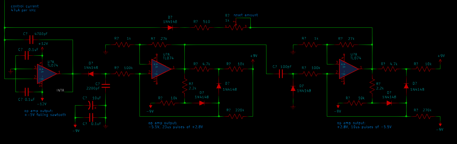 Constant-charge sawtooth core schematic with three op amps