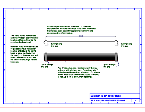Mechanical drawing of a 16-pin Eurorack ribbon power cable