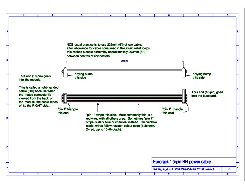 Mechanical drawing of a right-handed 10-pin Eurorack ribbon power cable