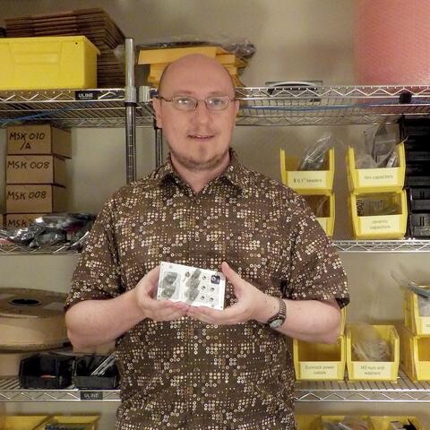 Matthew Skala, holding MSK 007 prototype