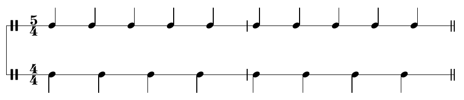 music notation:  4/4 and 5/4 straight rhythms, lined up to the same bar duration