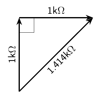 A 45-45-90 triangle with the edge lengths labelled in kΩ