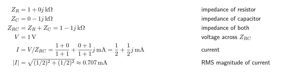 the RC example circuit solved with complex numbers